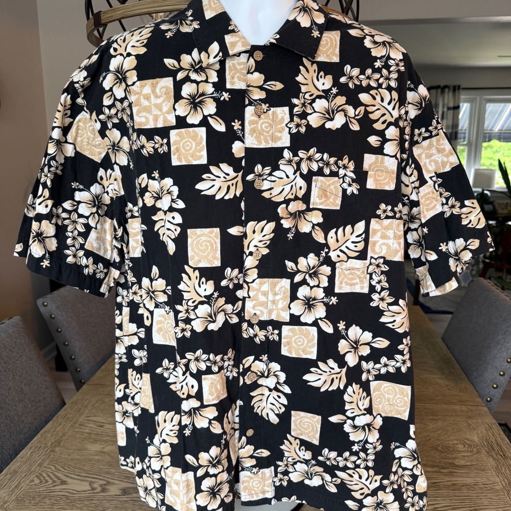 Batik Bay Mens XL Tropical Hibiscus Rayon Button Down Shirt Black Tan Floral